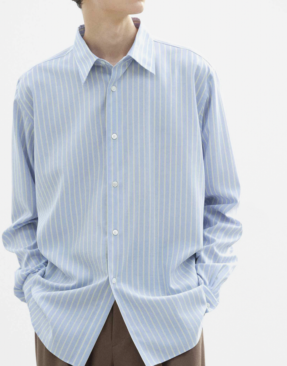 Auralee - SUPER FINE WOOL STRIPE SHIRT (SAX BLUE LIME STRIPE